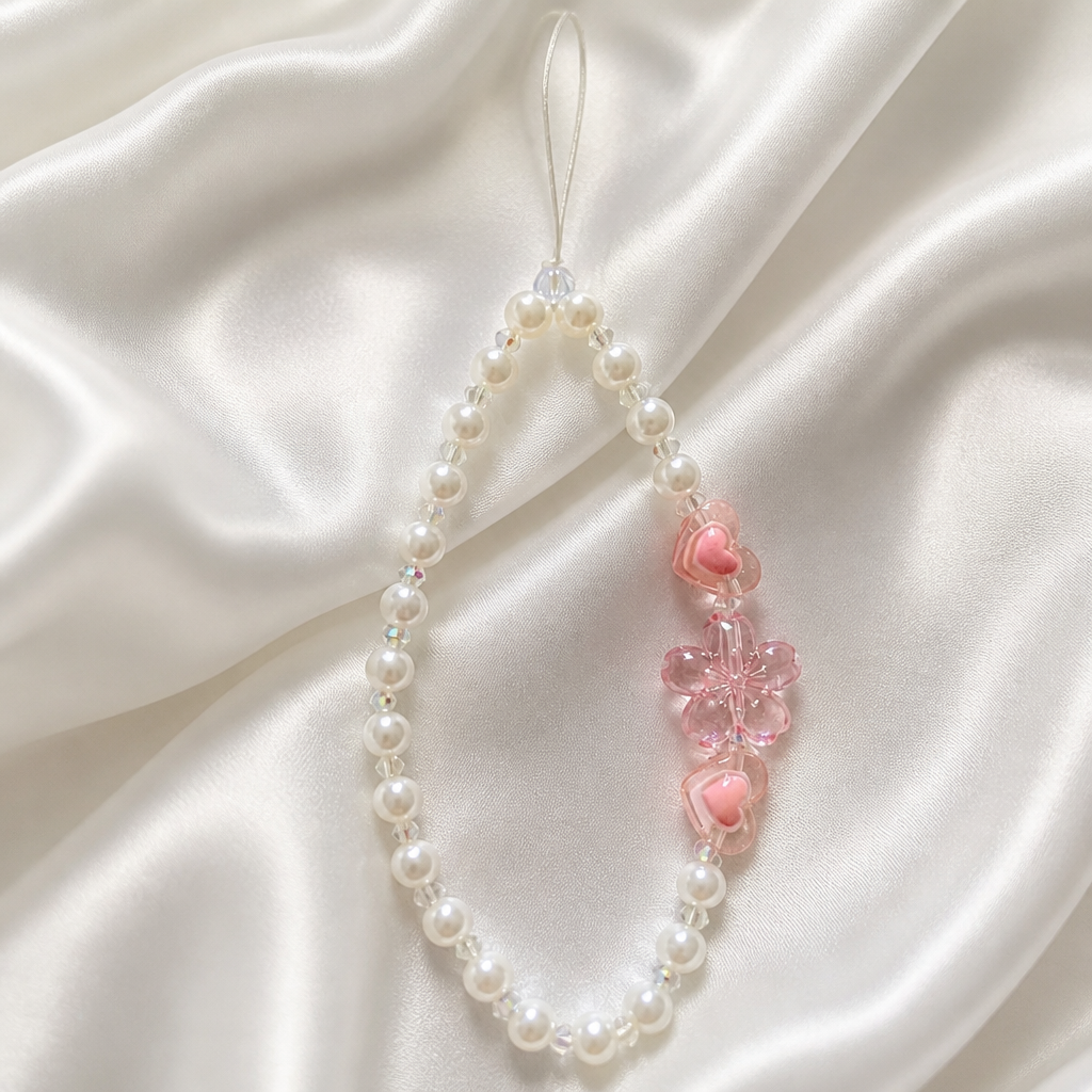 Handmade Pearl Beaded Phone Strap with Heart & Flower Charms