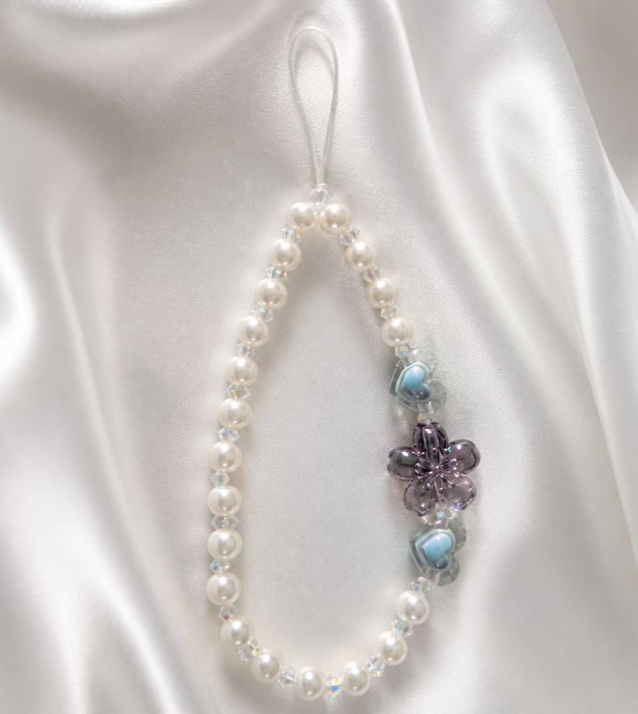 Handmade Pearl Beaded Phone Strap with Heart & Flower Charms