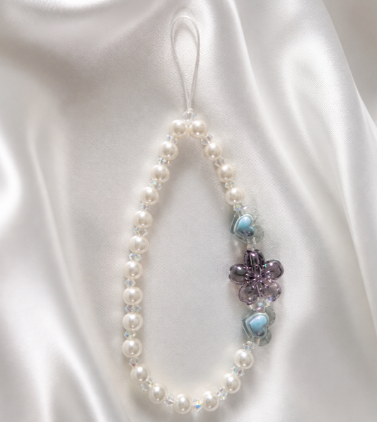 Handmade Pearl Beaded Phone Strap with Heart & Flower Charms
