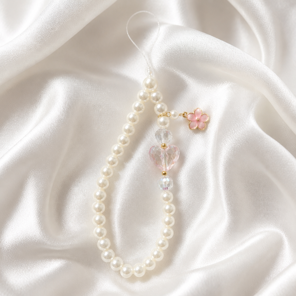 Handmade Pearl Mobile Phone Strap with Iridescent Heart Bead