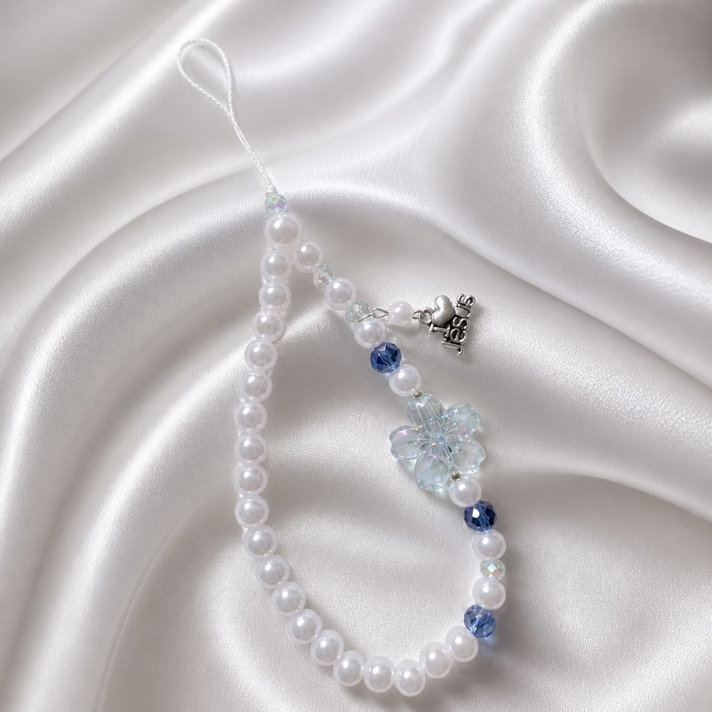 Handmade Pearl Phone Charm Strap with Iridescent Flower