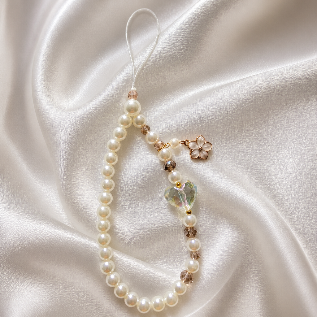 Handmade Pearl Mobile Phone Strap with Iridescent Heart Bead