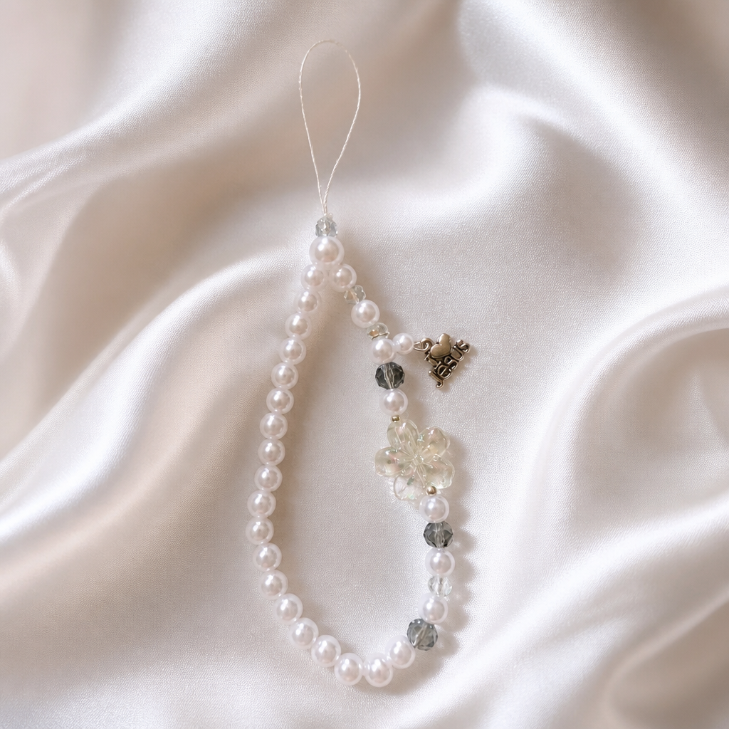 Handmade Pearl Phone Charm Strap with Iridescent Flower